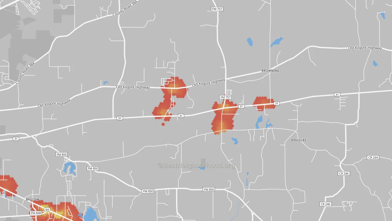 Walk Grade map of 75705, TX, walkable areas in green and car-dependent areas in red