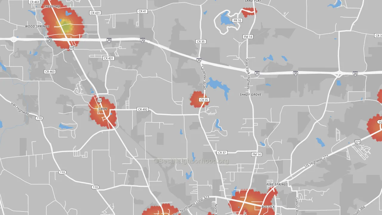 Walk Grade map of 75706, TX, walkable areas in green and car-dependent areas in red