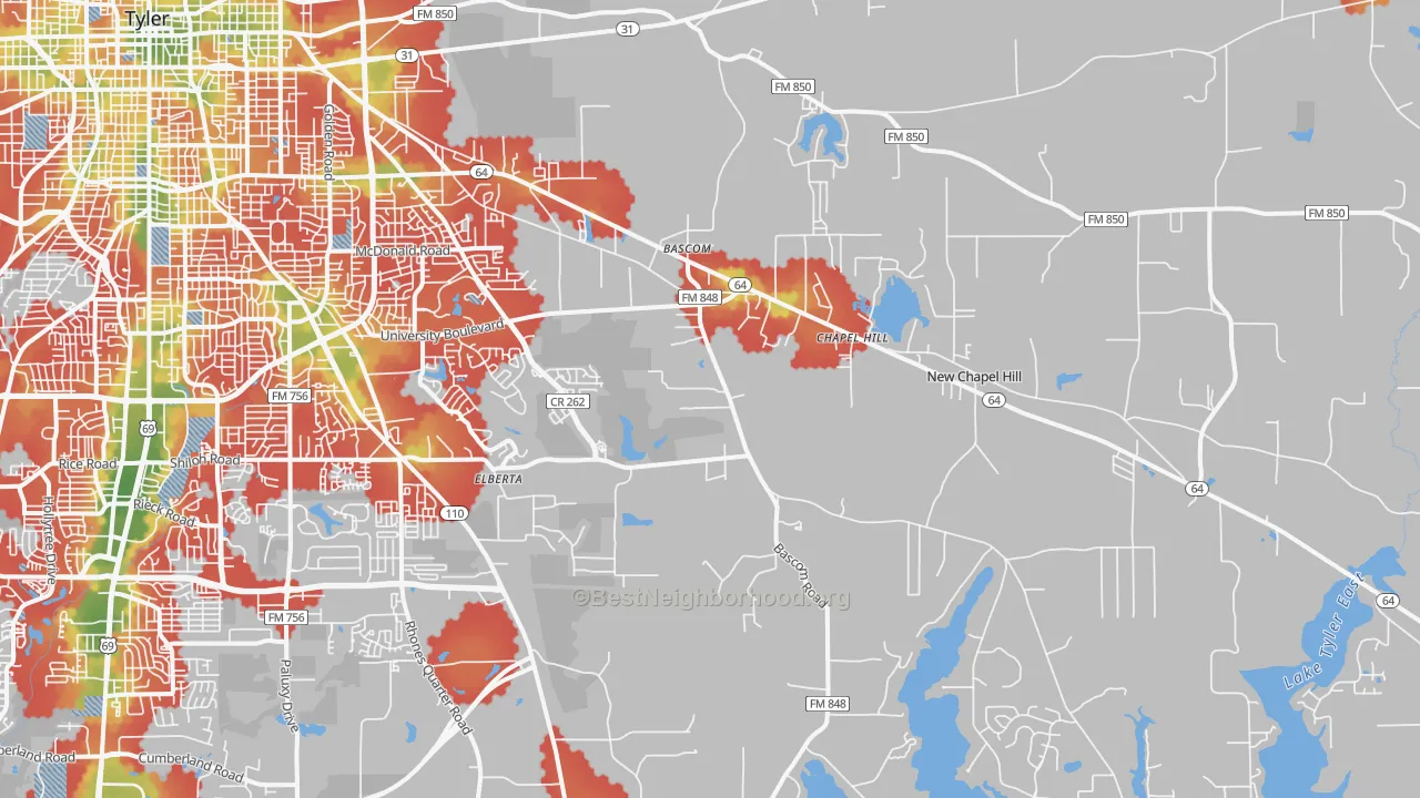 Walk Grade map of 75707, TX, walkable areas in green and car-dependent areas in red
