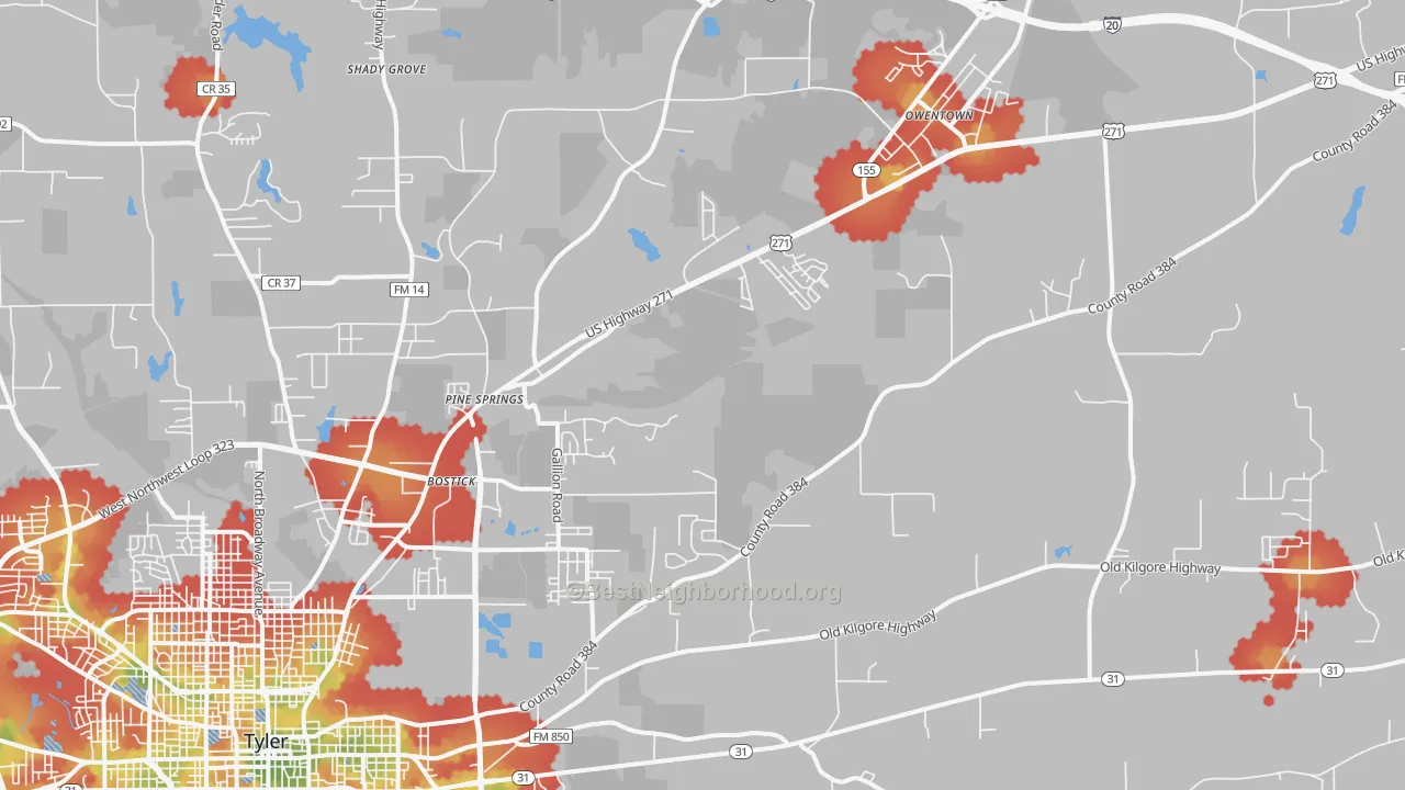 Walk Grade map of 75708, TX, walkable areas in green and car-dependent areas in red