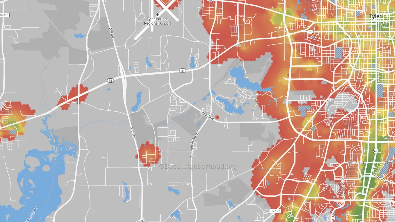 Walk Grade map of 75709, TX, walkable areas in green and car-dependent areas in red