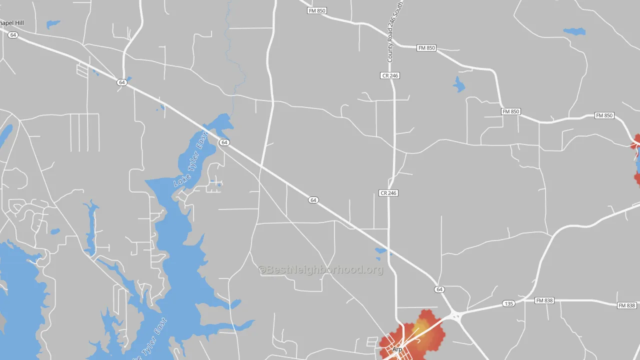 Walk Grade map of 75750, TX, walkable areas in green and car-dependent areas in red