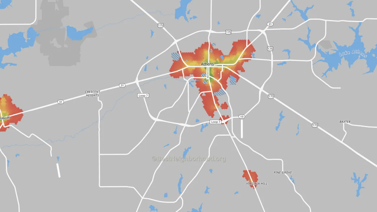 Walk Grade map of 75751, TX, walkable areas in green and car-dependent areas in red