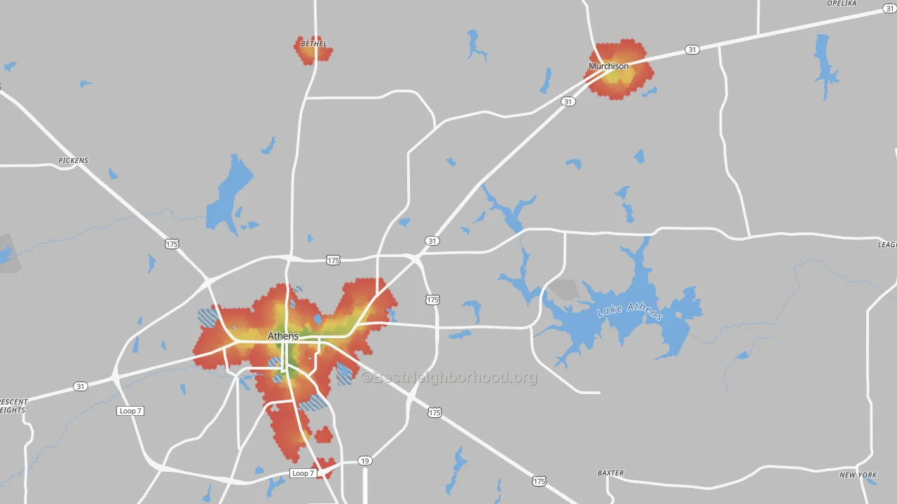 Walk Grade map of 75752, TX, walkable areas in green and car-dependent areas in red