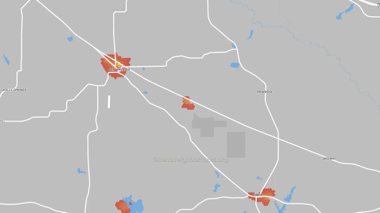 Walk Grade map of 75754, TX, walkable areas in green and car-dependent areas in red