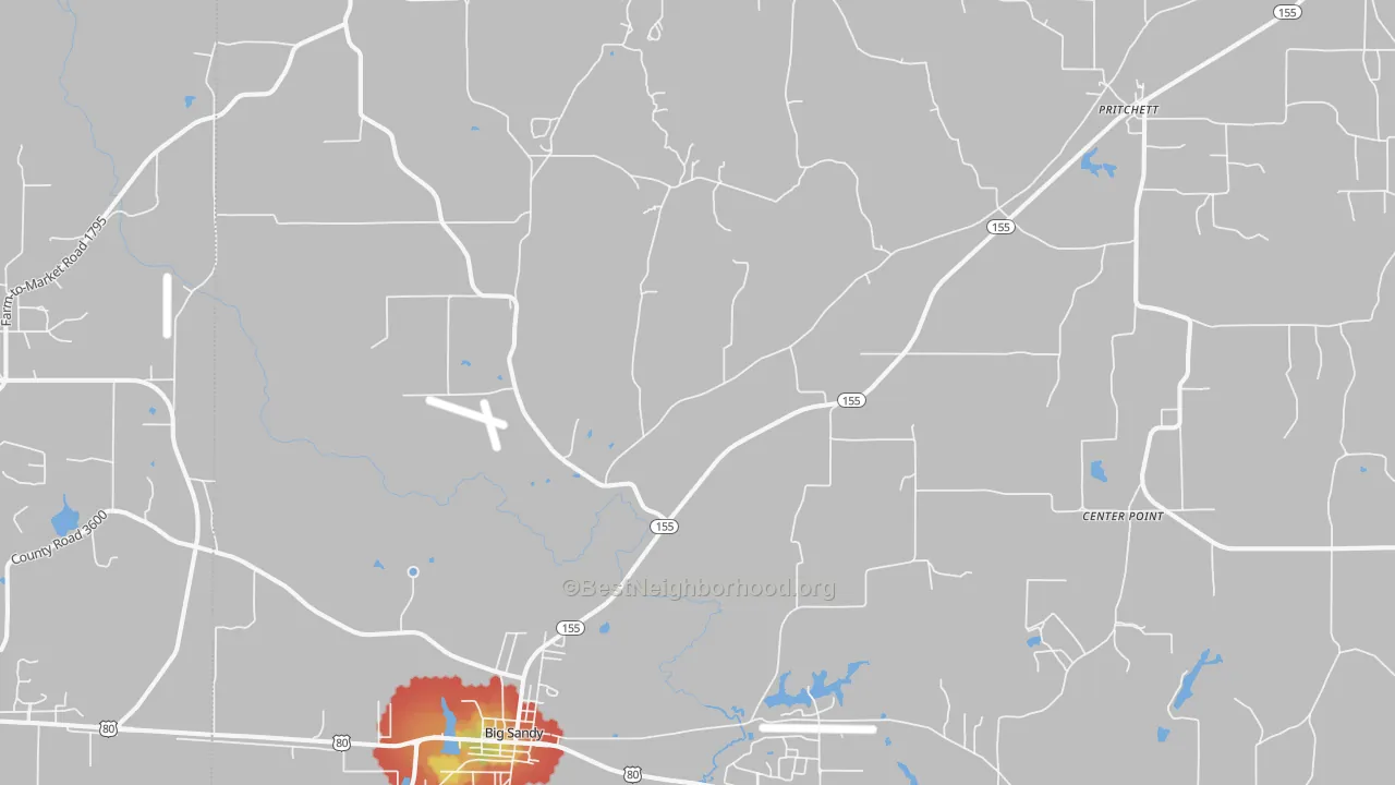 Walk Grade map of 75755, TX, walkable areas in green and car-dependent areas in red