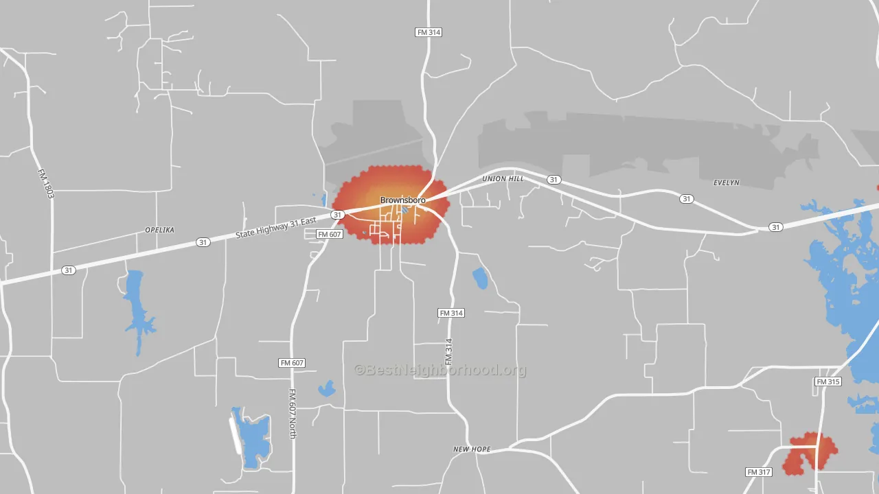 Walk Grade map of 75756, TX, walkable areas in green and car-dependent areas in red