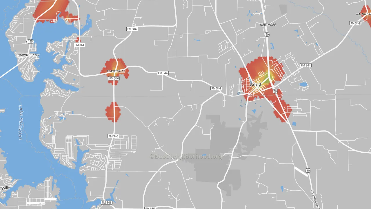 Walk Grade map of 75757, TX, walkable areas in green and car-dependent areas in red