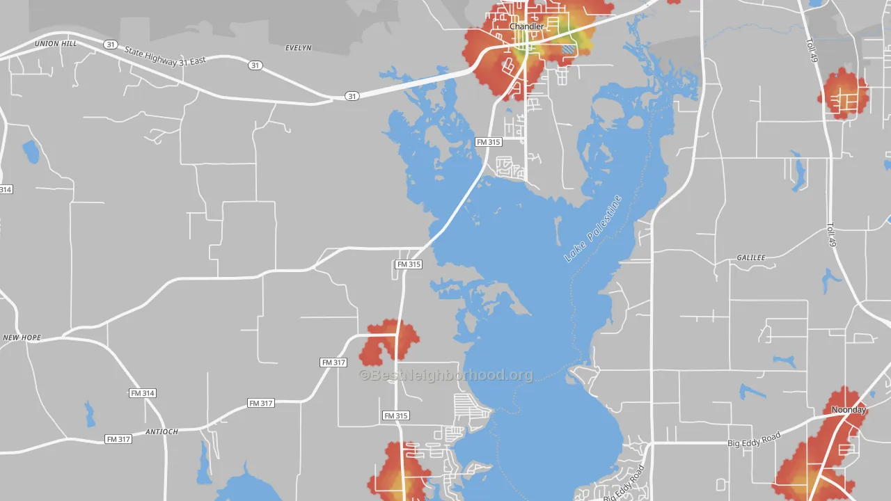 Walk Grade map of 75758, TX, walkable areas in green and car-dependent areas in red