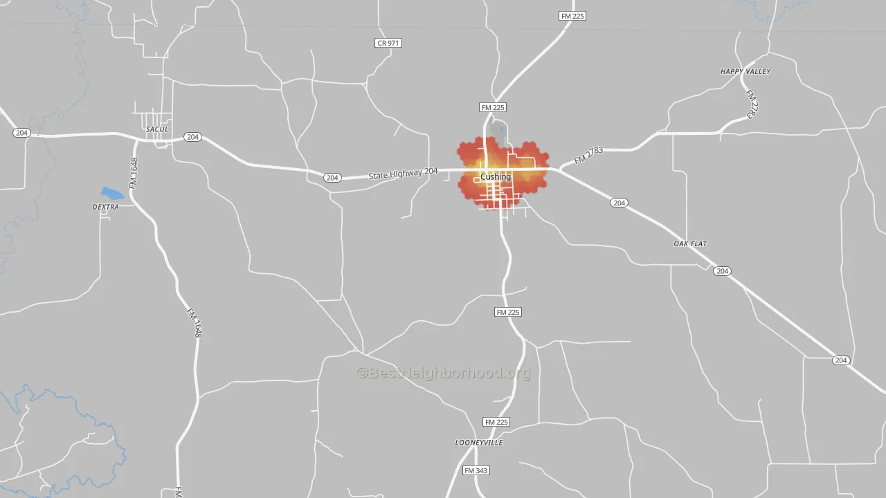 Walk Grade map of 75760, TX, walkable areas in green and car-dependent areas in red