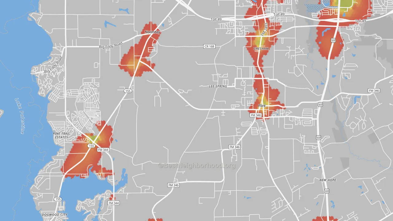 Walk Grade map of 75762, TX, walkable areas in green and car-dependent areas in red