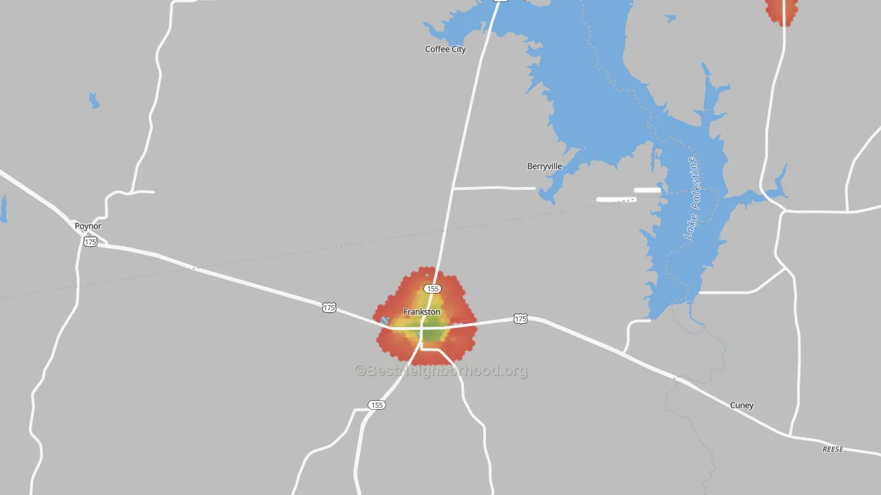 Walk Grade map of 75763, TX, walkable areas in green and car-dependent areas in red