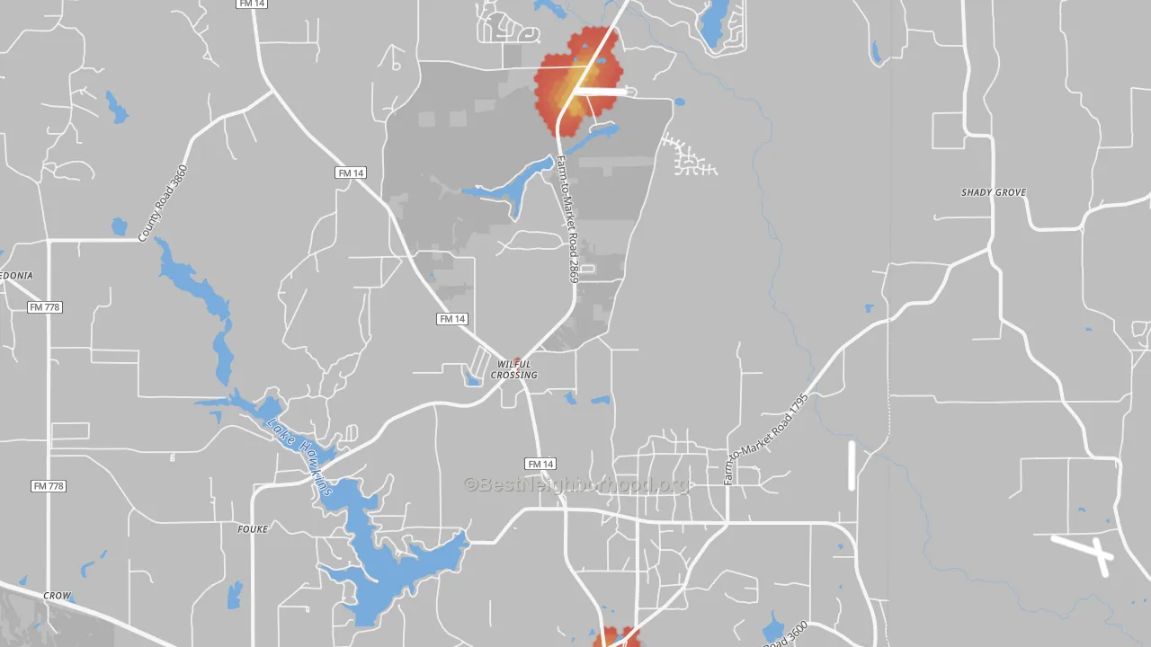 Walk Grade map of 75765, TX, walkable areas in green and car-dependent areas in red