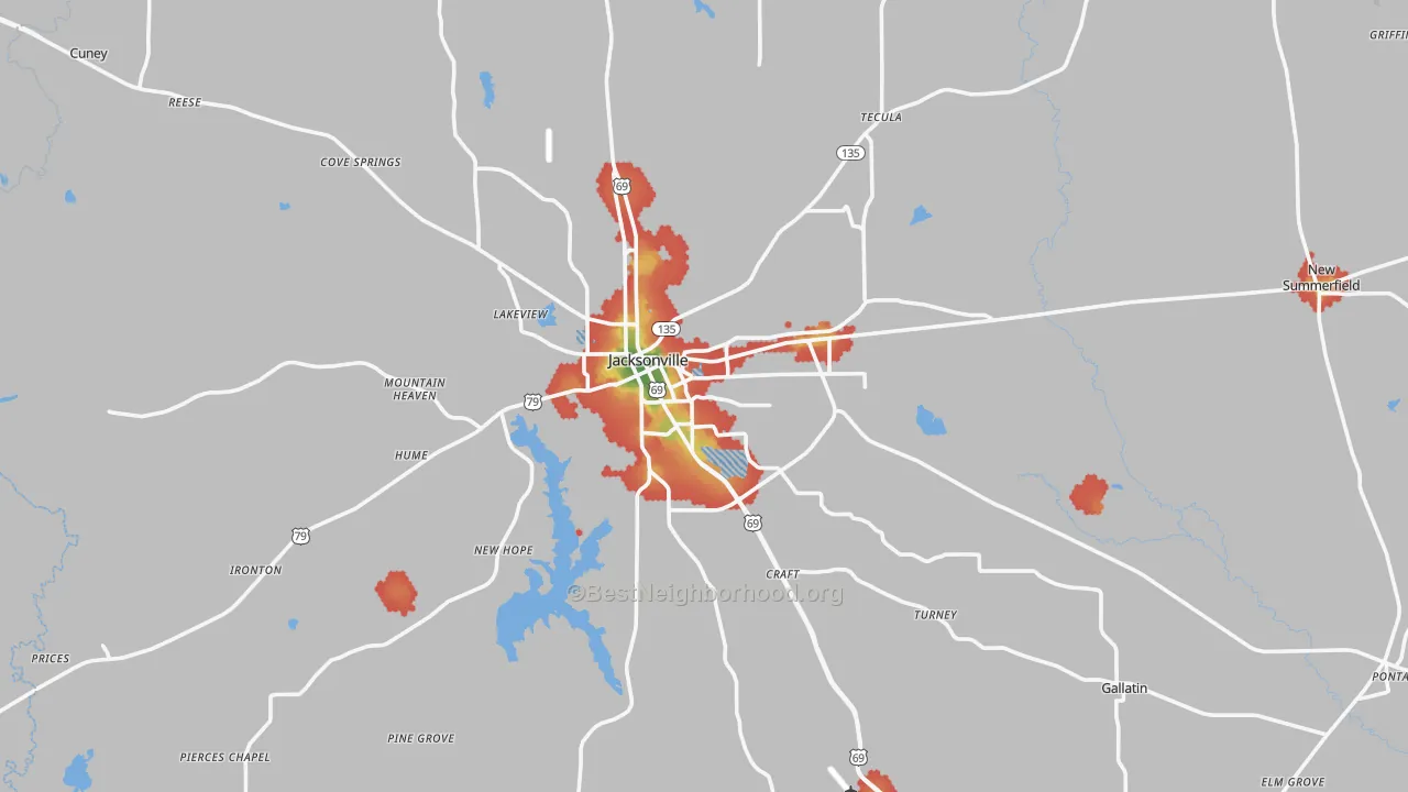 Walk Grade map of 75766, TX, walkable areas in green and car-dependent areas in red