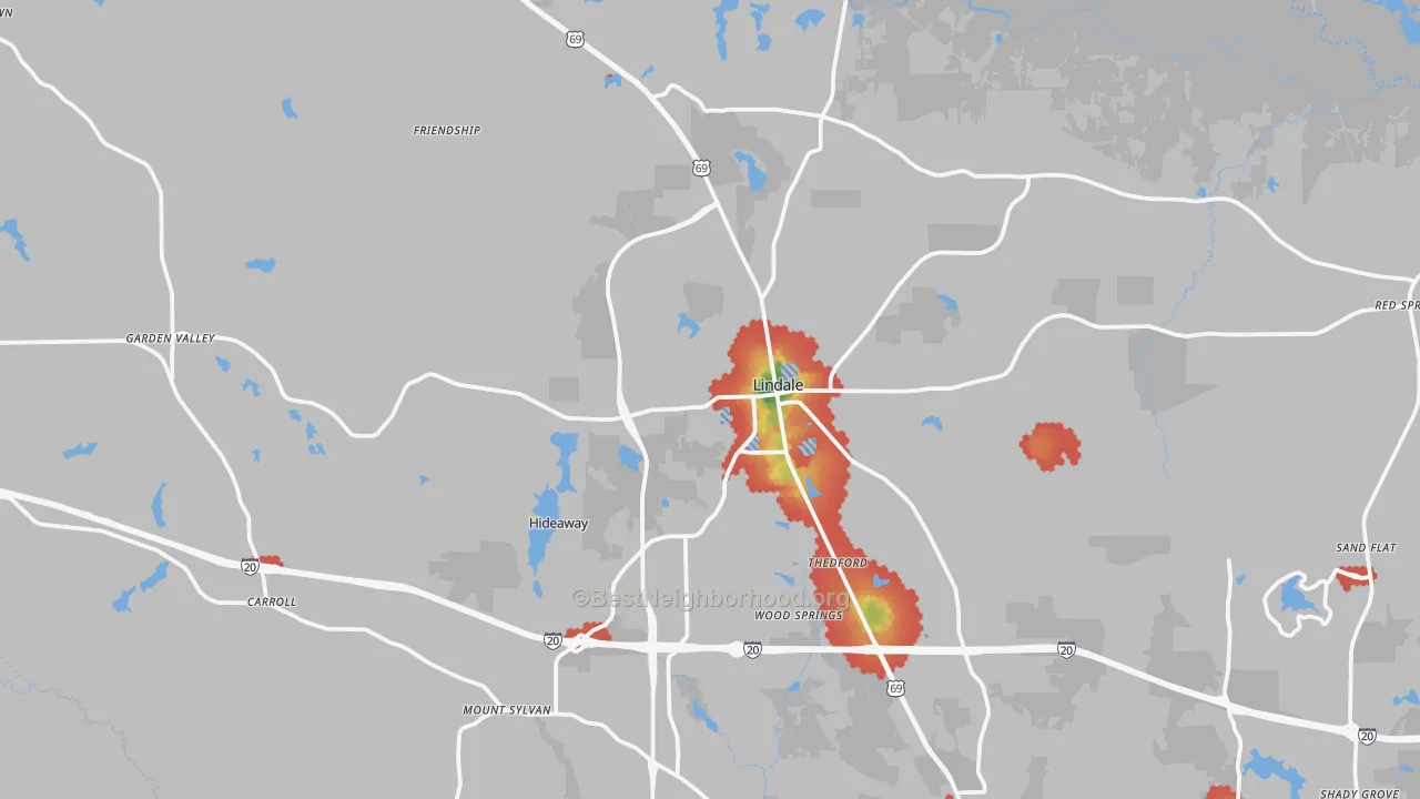 Walk Grade map of 75771, TX, walkable areas in green and car-dependent areas in red