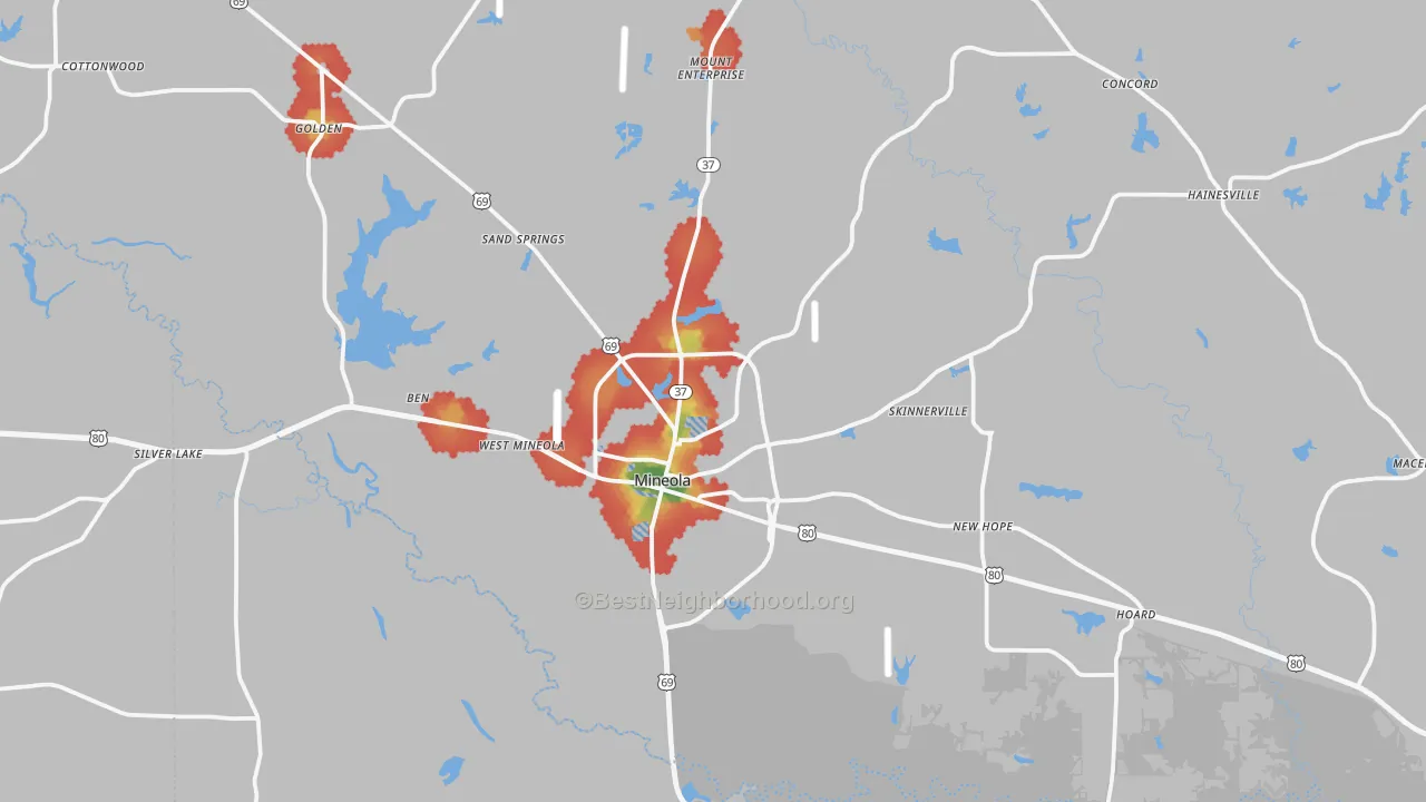 Walk Grade map of 75773, TX, walkable areas in green and car-dependent areas in red