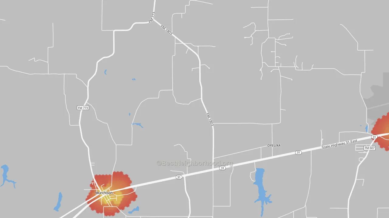 Walk Grade map of 75778, TX, walkable areas in green and car-dependent areas in red