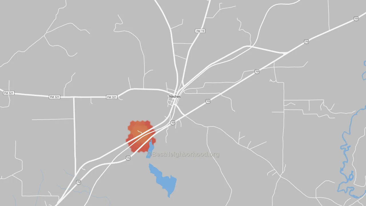 Walk Grade map of 75779, TX, walkable areas in green and car-dependent areas in red
