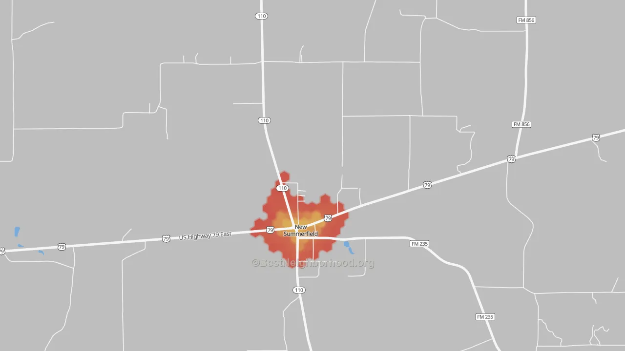 Walk Grade map of 75780, TX, walkable areas in green and car-dependent areas in red