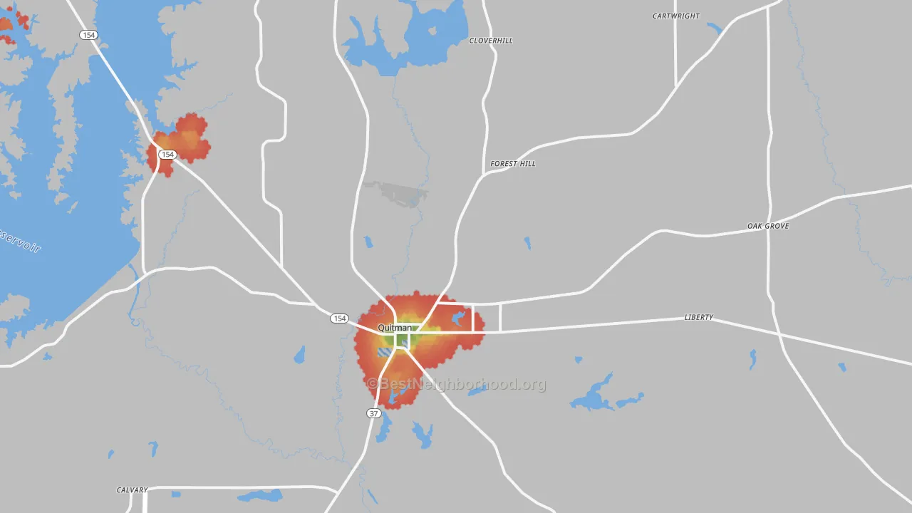 Walk Grade map of 75783, TX, walkable areas in green and car-dependent areas in red