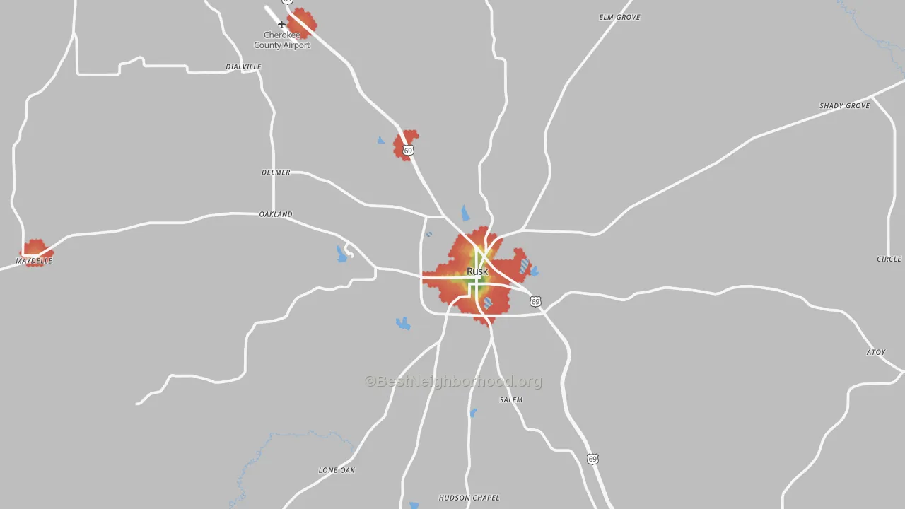 Walk Grade map of 75785, TX, walkable areas in green and car-dependent areas in red