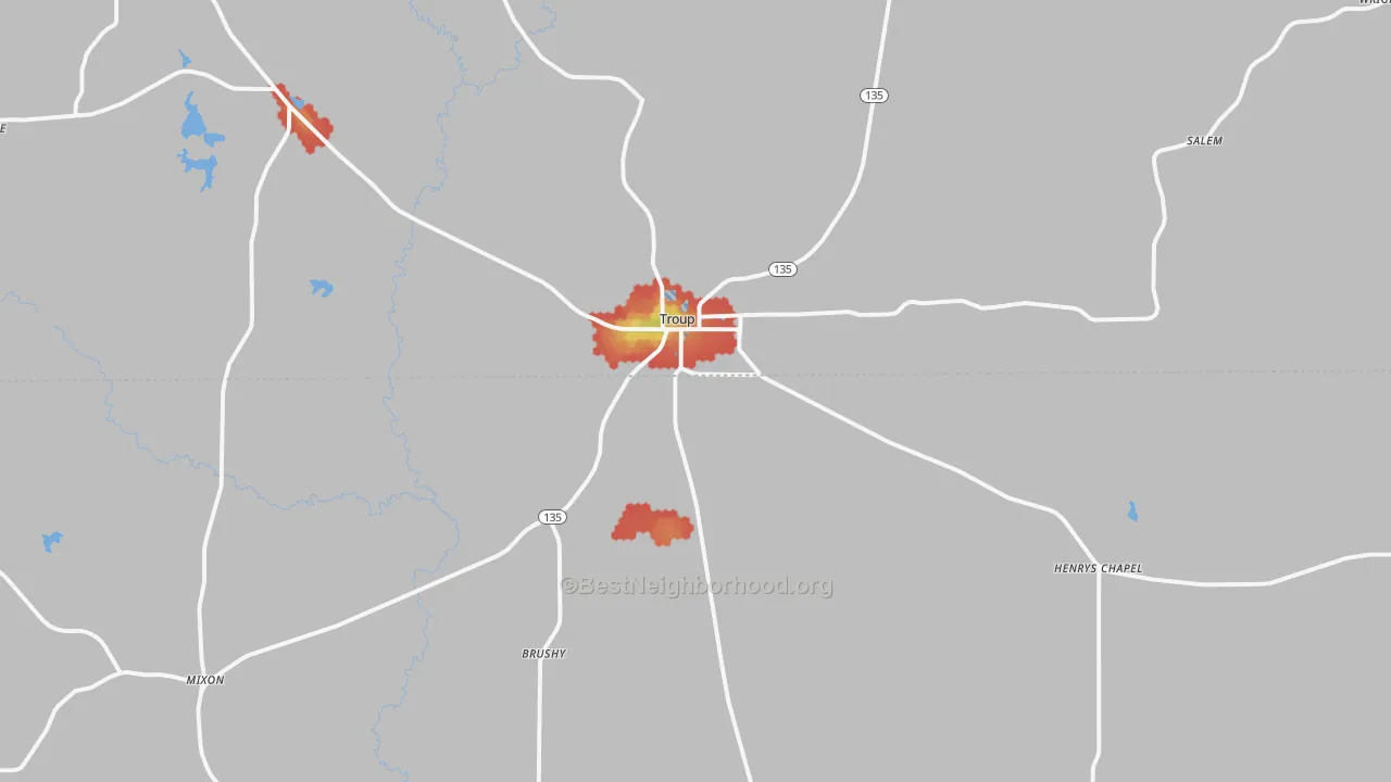 Walk Grade map of 75789, TX, walkable areas in green and car-dependent areas in red