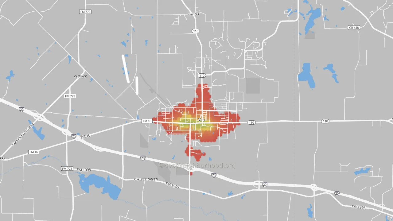 Walk Grade map of 75790, TX, walkable areas in green and car-dependent areas in red