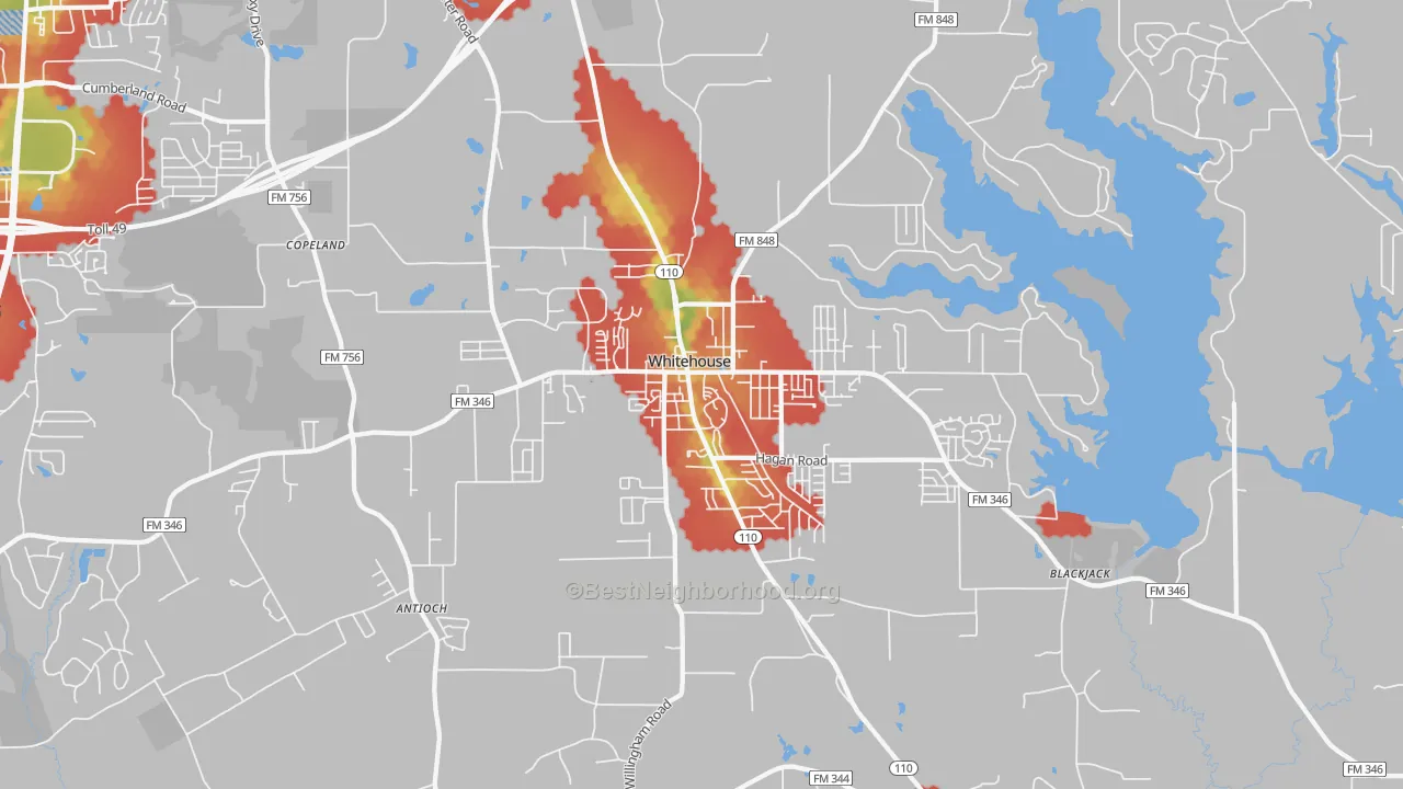 Walk Grade map of 75791, TX, walkable areas in green and car-dependent areas in red