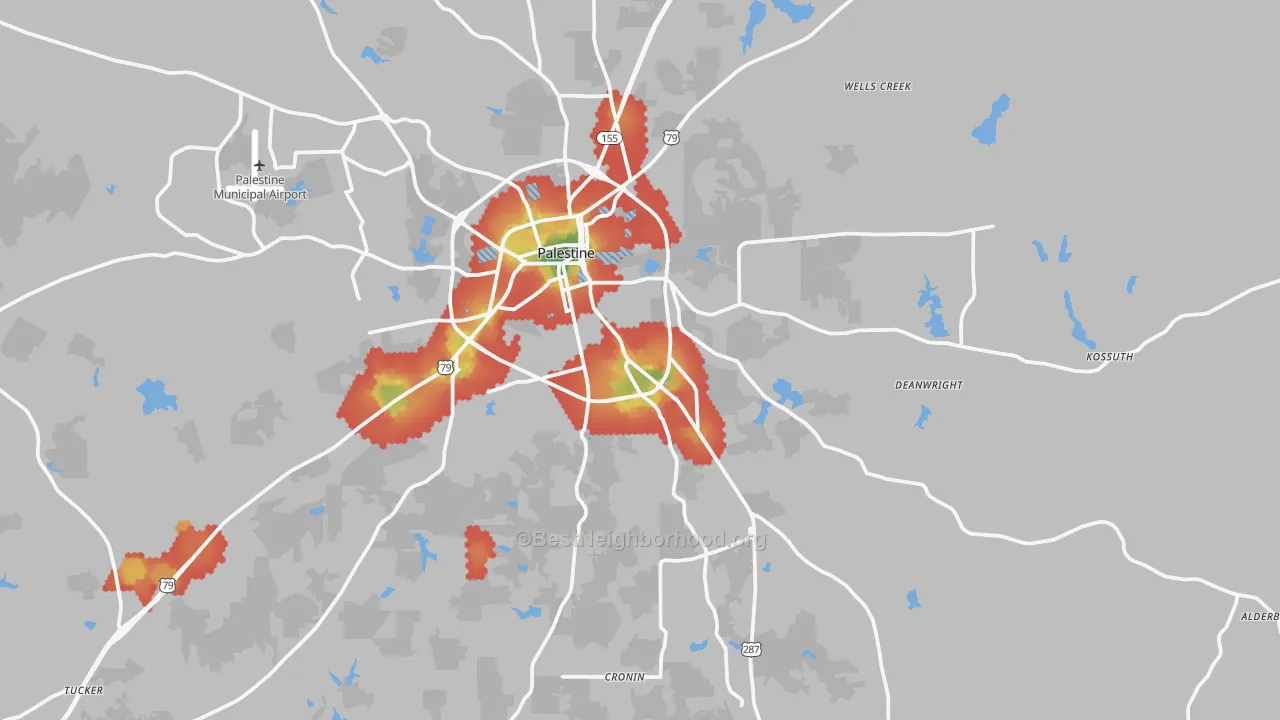 Walk Grade map of 75801, TX, walkable areas in green and car-dependent areas in red