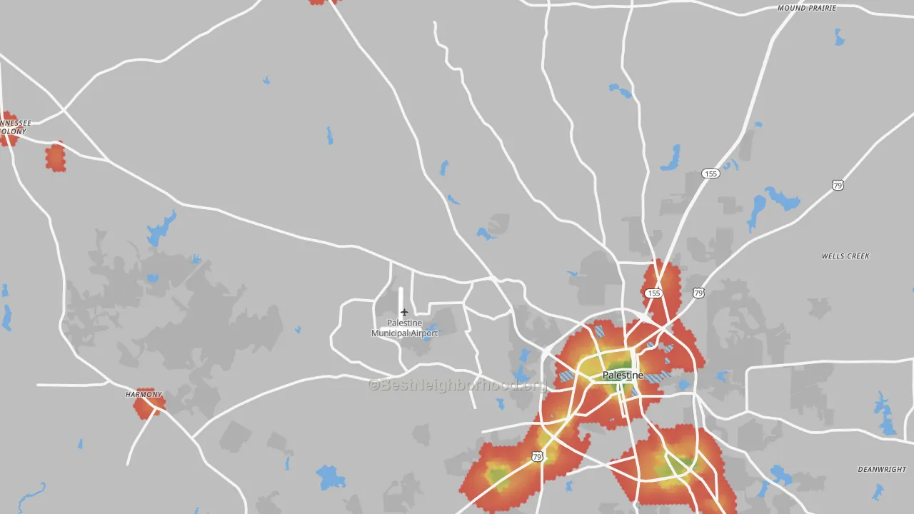 Walk Grade map of 75803, TX, walkable areas in green and car-dependent areas in red