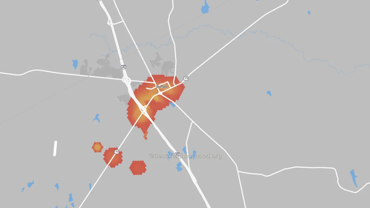 Walk Grade map of 75831, TX, walkable areas in green and car-dependent areas in red