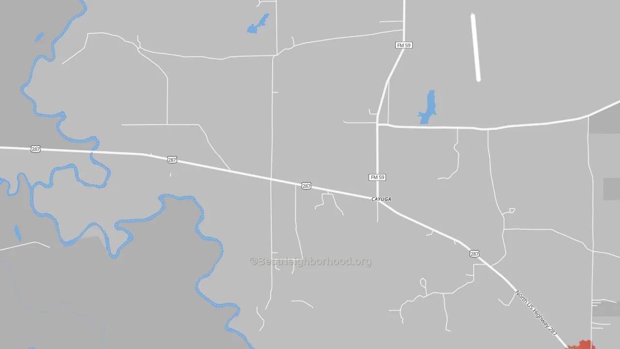 Walk Grade map of 75832, TX, walkable areas in green and car-dependent areas in red