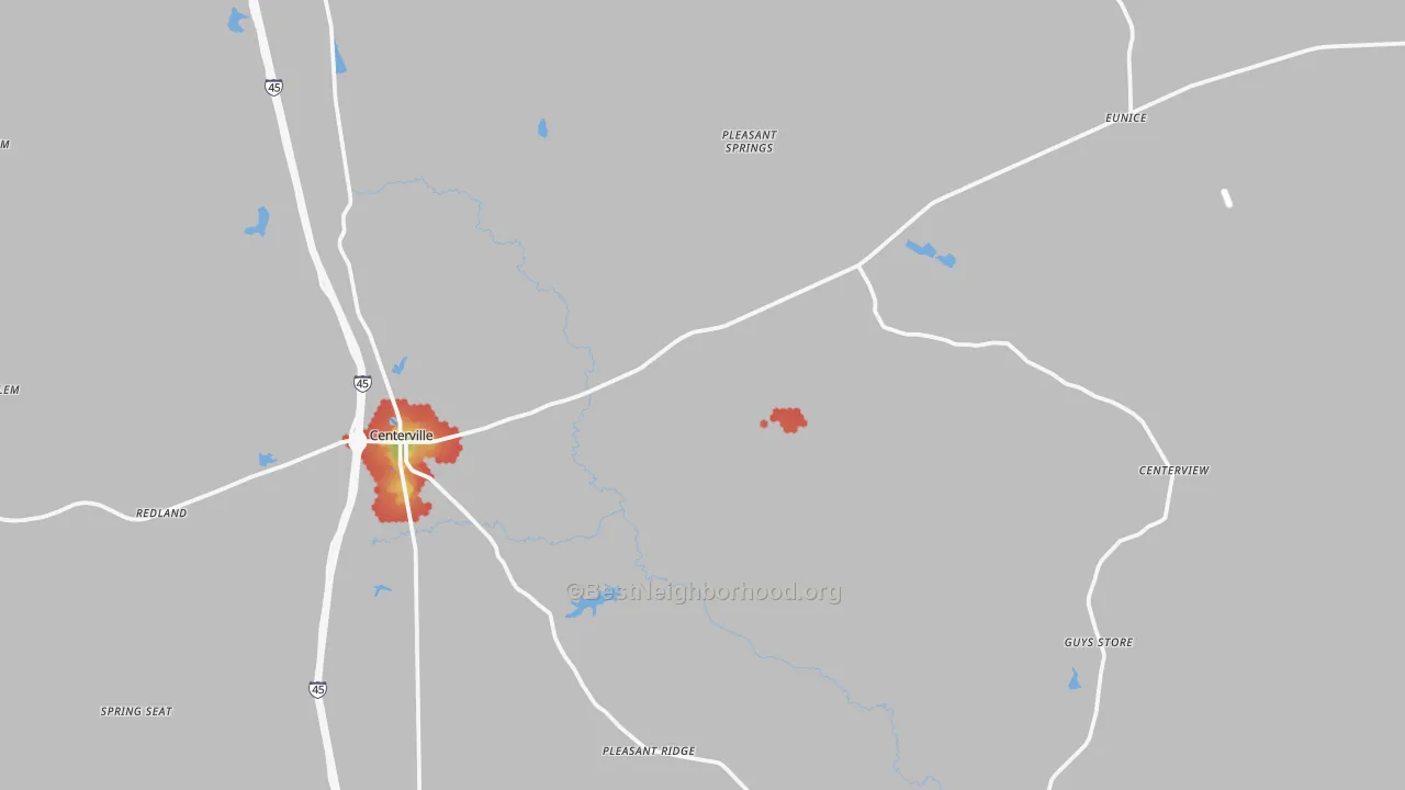 Walk Grade map of 75833, TX, walkable areas in green and car-dependent areas in red