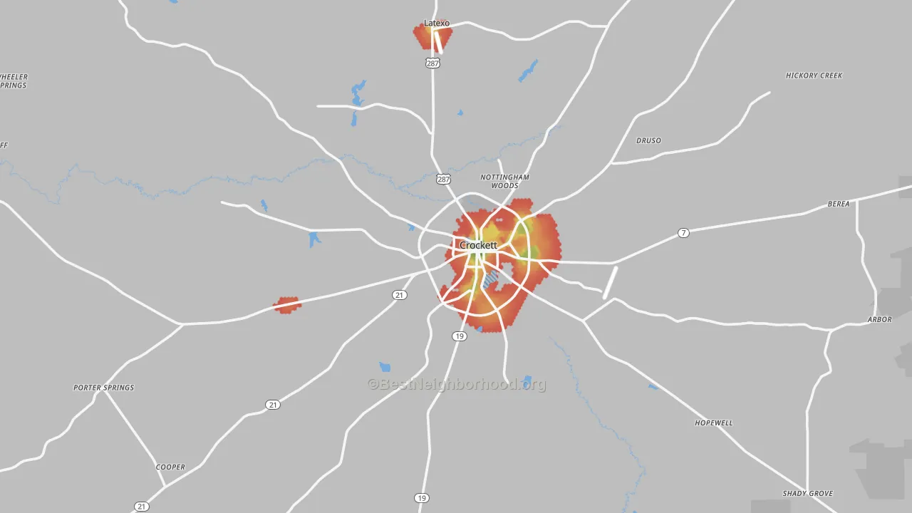 Walk Grade map of 75835, TX, walkable areas in green and car-dependent areas in red