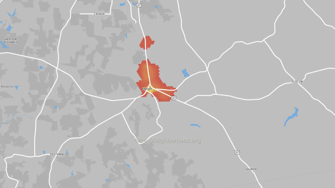 Walk Grade map of 75839, TX, walkable areas in green and car-dependent areas in red
