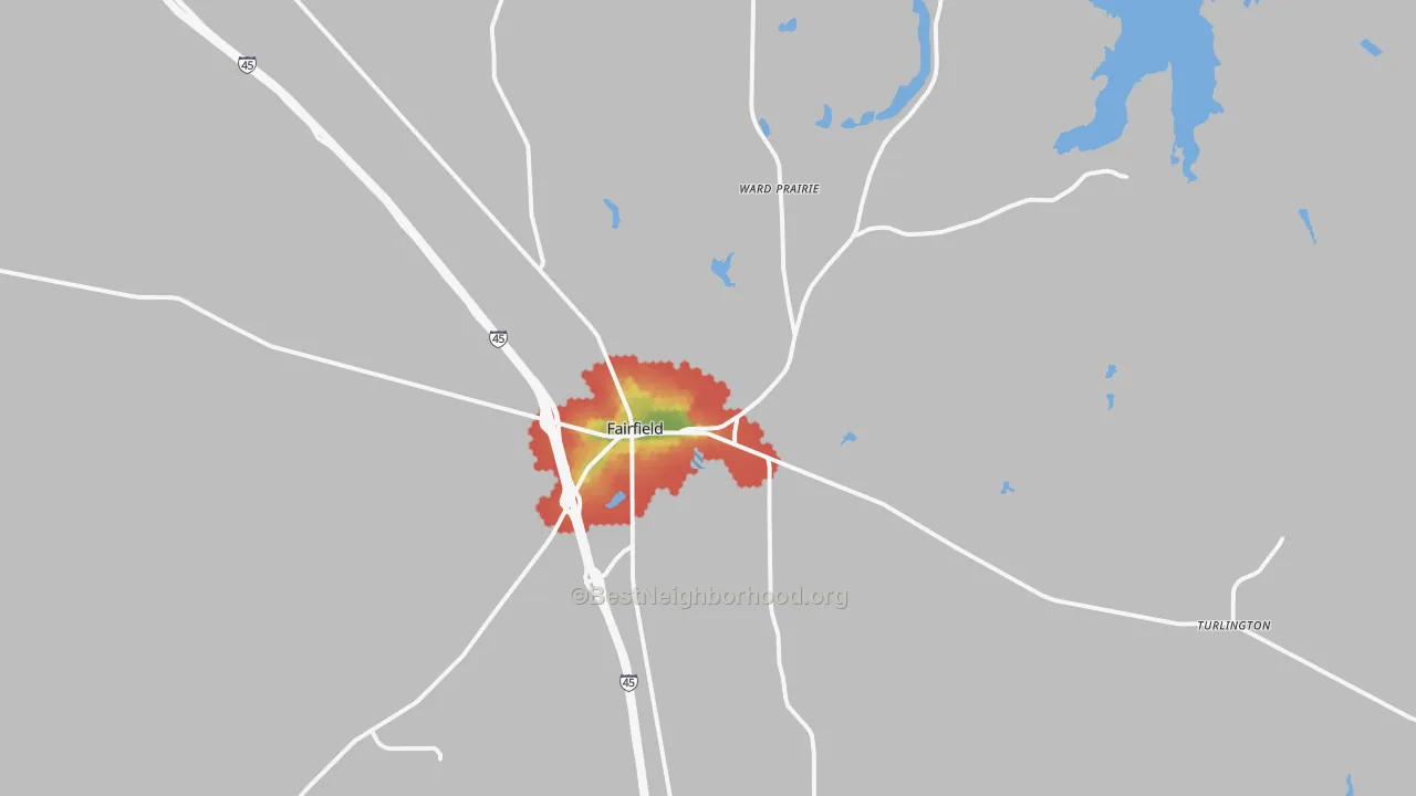 Walk Grade map of 75840, TX, walkable areas in green and car-dependent areas in red