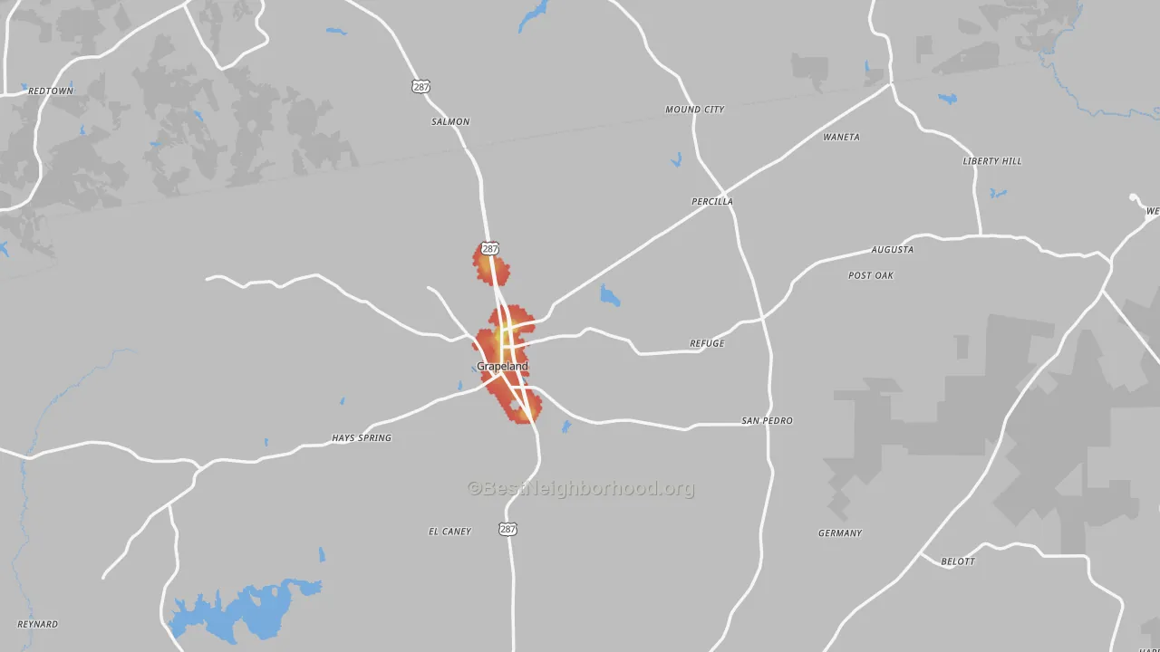 Walk Grade map of 75844, TX, walkable areas in green and car-dependent areas in red