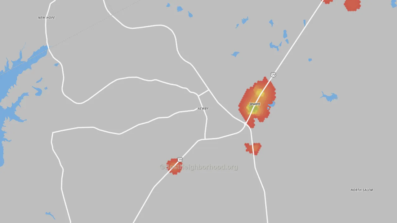 Walk Grade map of 75846, TX, walkable areas in green and car-dependent areas in red