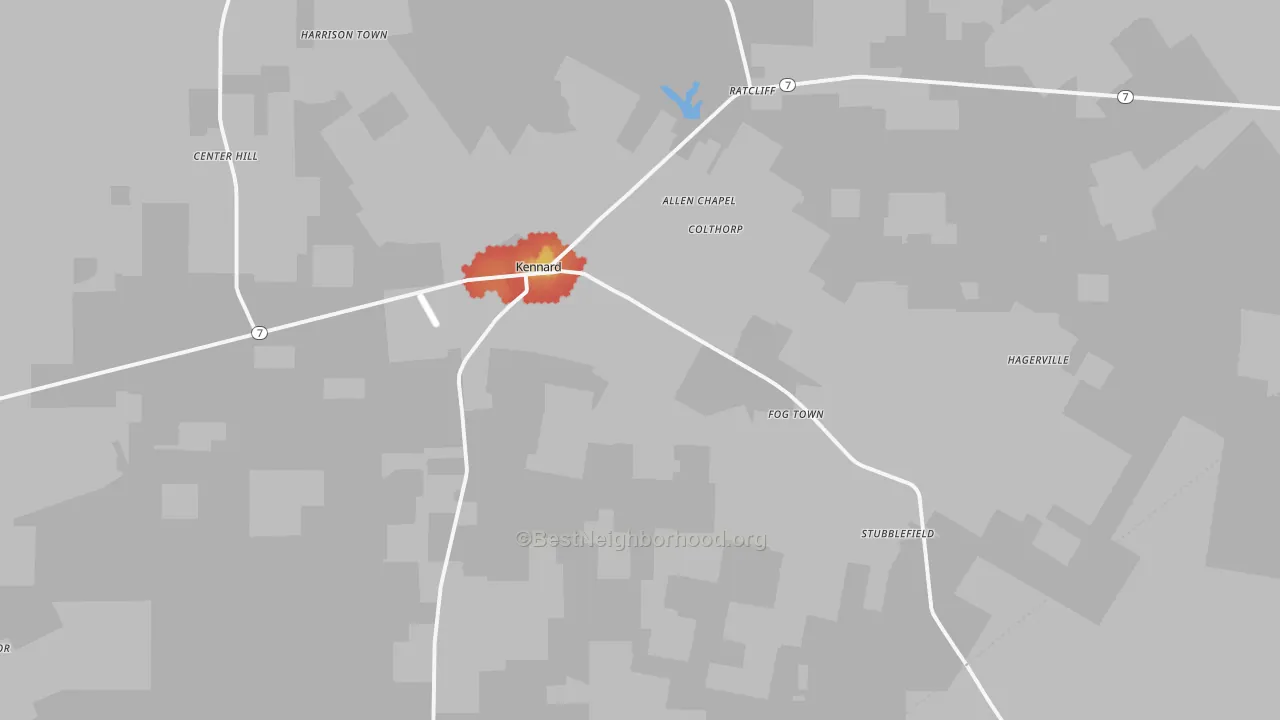 Walk Grade map of 75847, TX, walkable areas in green and car-dependent areas in red