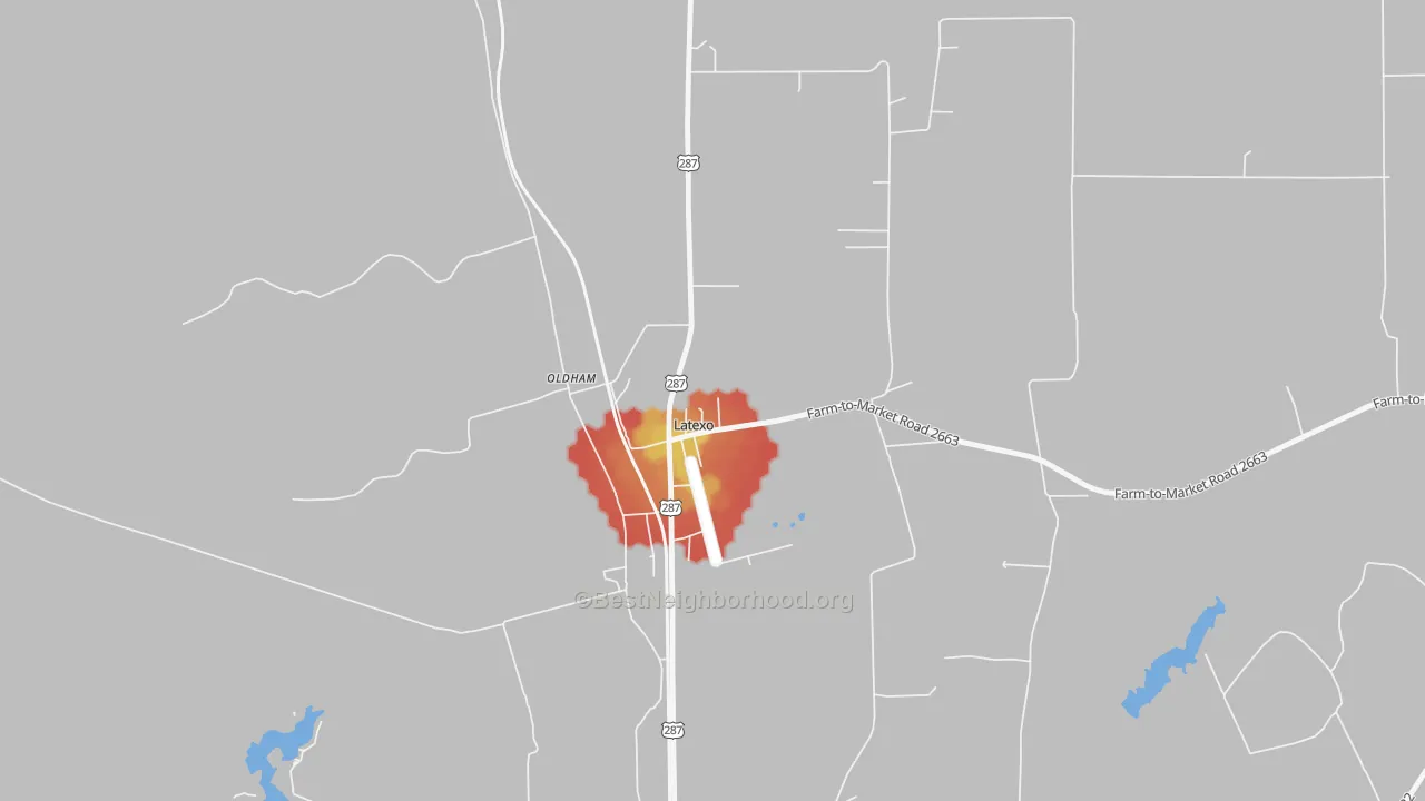 Walk Grade map of 75849, TX, walkable areas in green and car-dependent areas in red