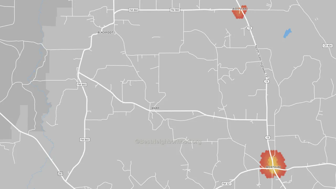 Walk Grade map of 75853, TX, walkable areas in green and car-dependent areas in red