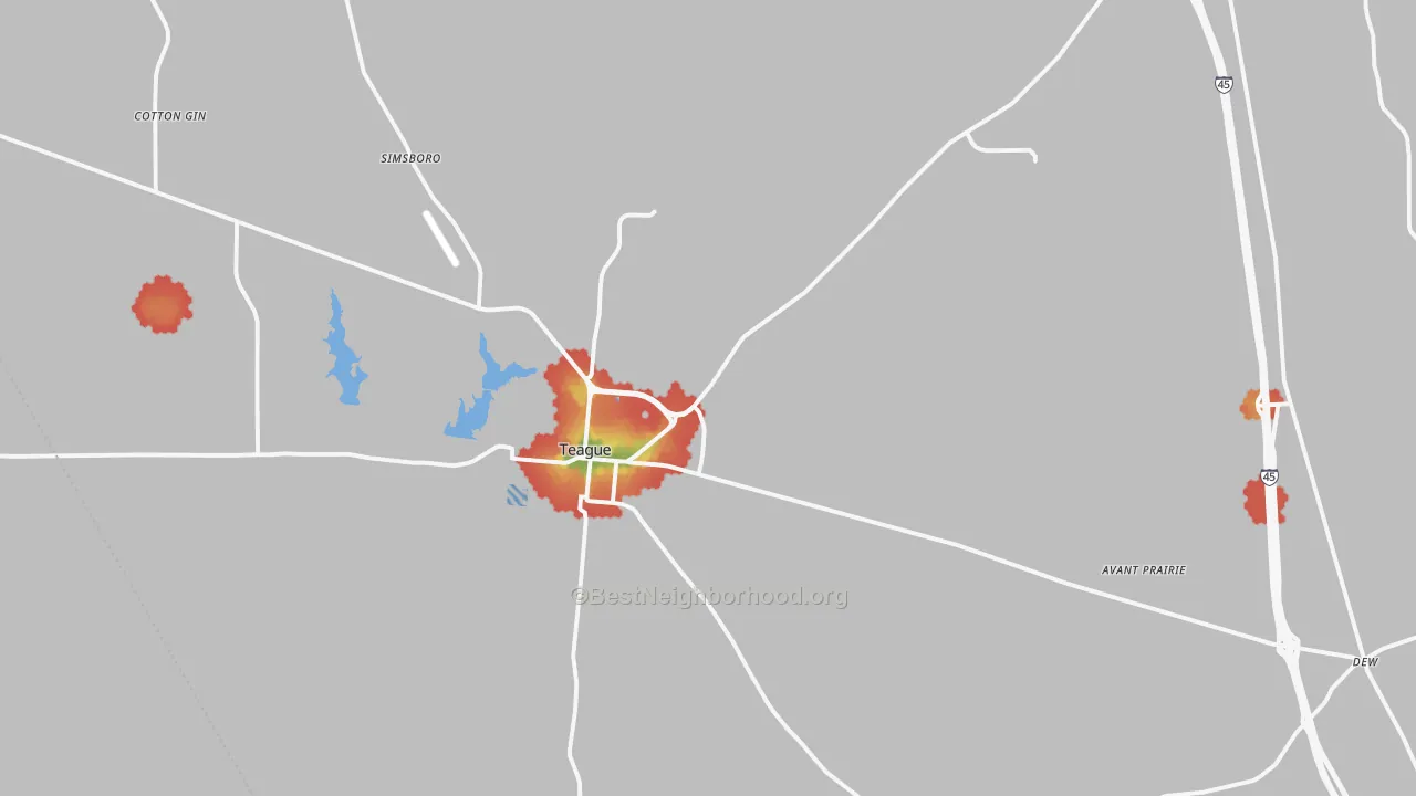 Walk Grade map of 75860, TX, walkable areas in green and car-dependent areas in red