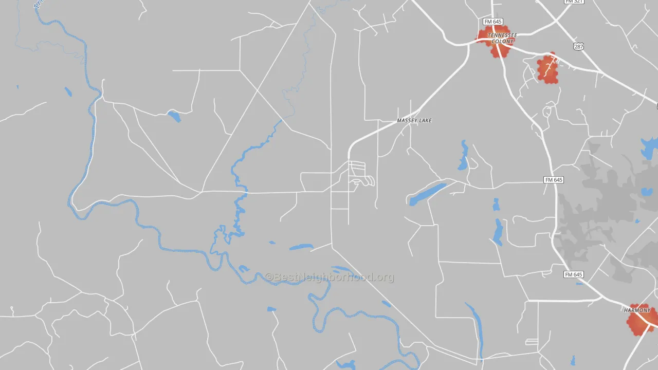 Walk Grade map of 75861, TX, walkable areas in green and car-dependent areas in red