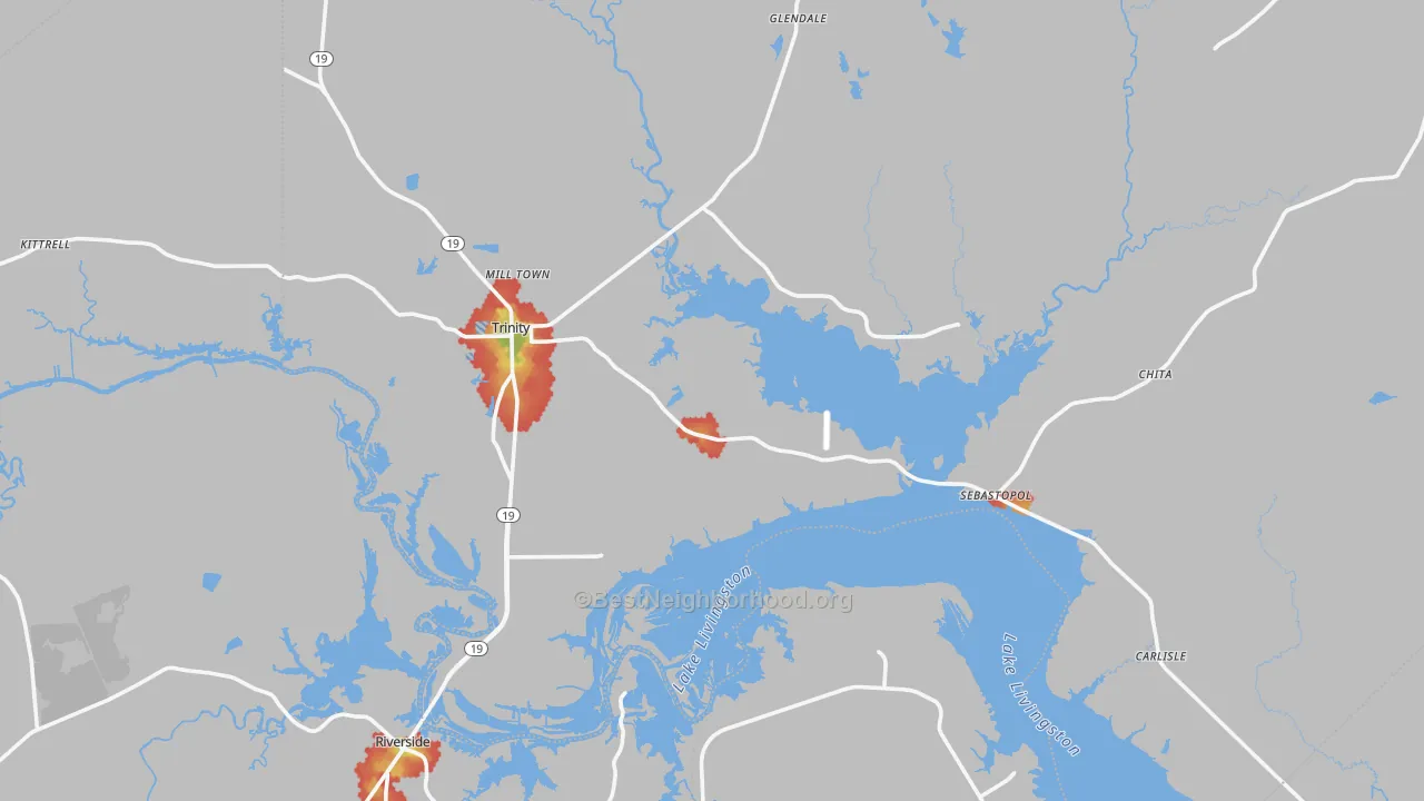 Walk Grade map of 75862, TX, walkable areas in green and car-dependent areas in red