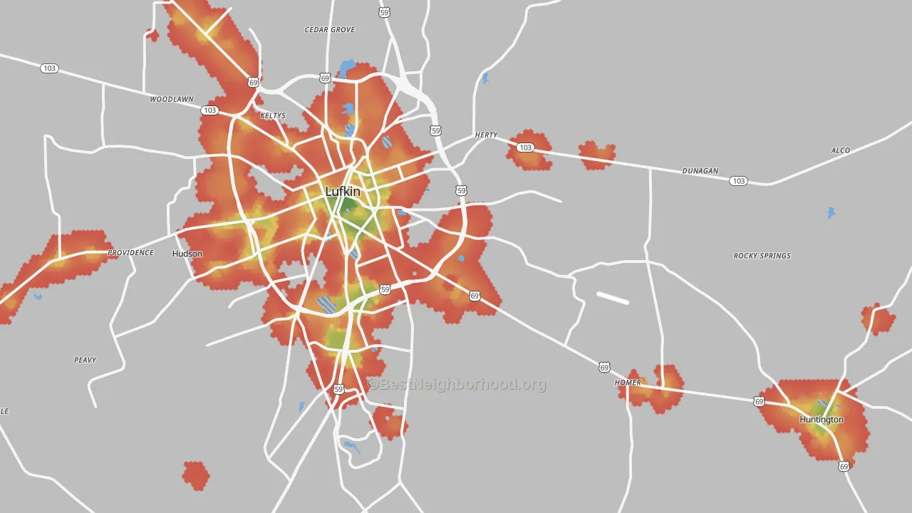 Walk Grade map of 75901, TX, walkable areas in green and car-dependent areas in red