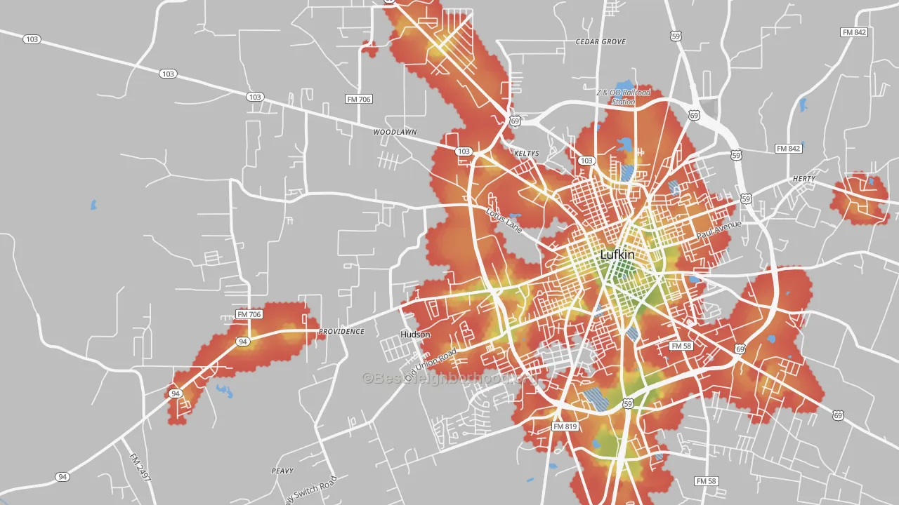 Walk Grade map of 75904, TX, walkable areas in green and car-dependent areas in red