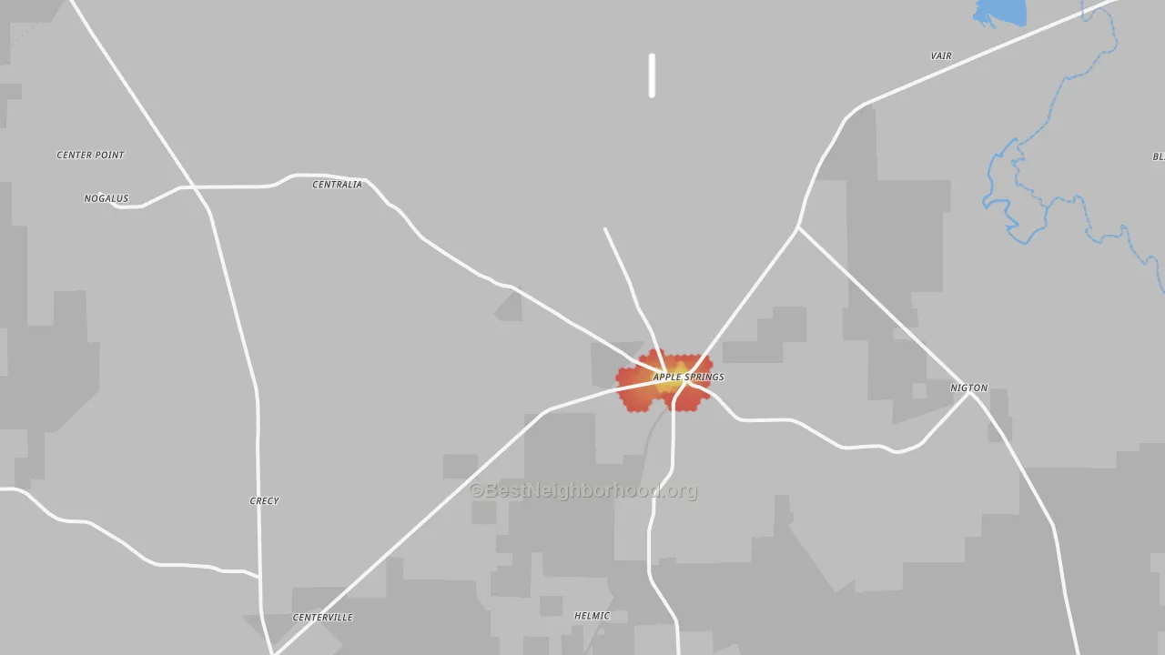 Walk Grade map of 75926, TX, walkable areas in green and car-dependent areas in red
