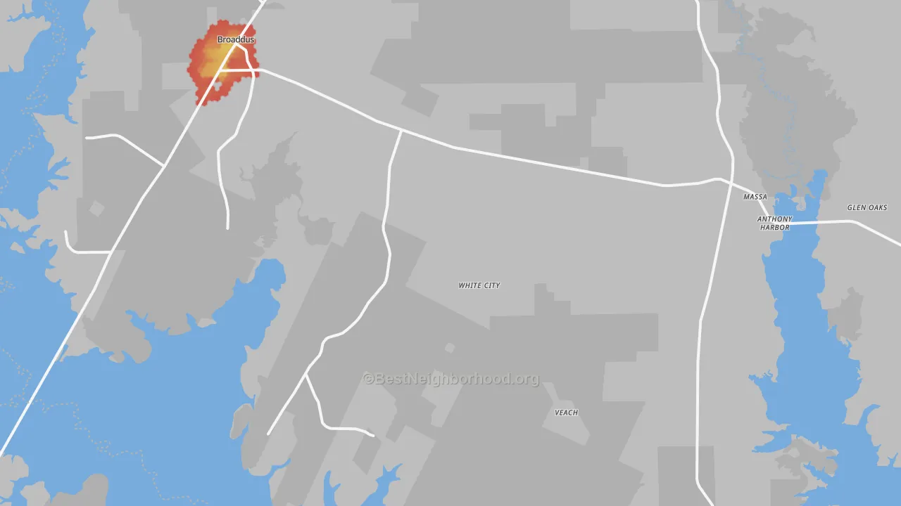 Walk Grade map of 75929, TX, walkable areas in green and car-dependent areas in red