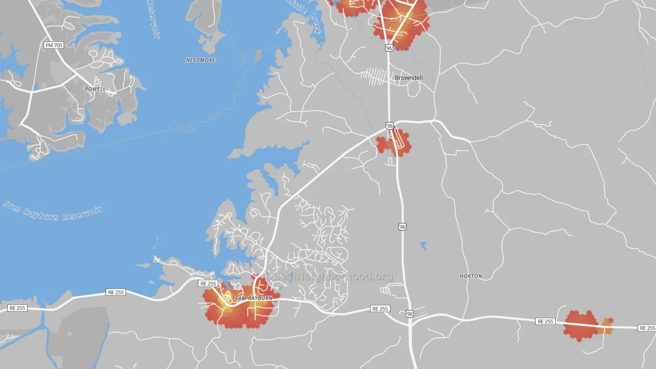 Walk Grade map of 75931, TX, walkable areas in green and car-dependent areas in red