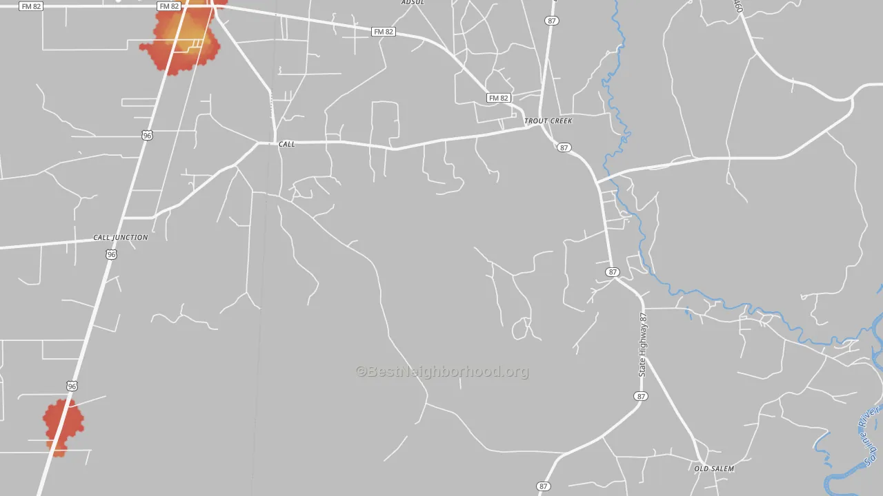 Walk Grade map of 75933, TX, walkable areas in green and car-dependent areas in red